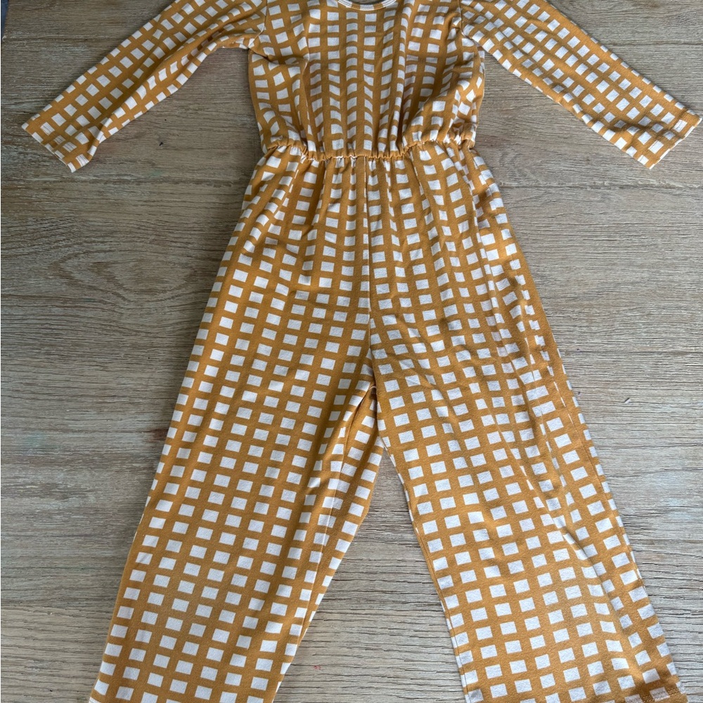 Yellow and White Gingham Jumpsuit with Wide-Leg Design